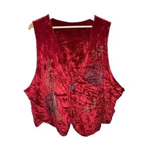 Blue Fish Women's Vintage Crushed Red Velvet Vest Top Handpainted